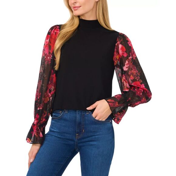 CeCe Women's Top Sz XS Long Sleeve Mixed-Media Mock-Neck Blouse - Picture 1 of 3
